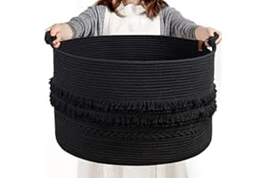CherryNow Extra Large Black Laundry Basket, Rope Storage Basket for Bathroom, Bedroom, Living room, Entryway, Big Blanket Baskets for Pillows, Toys, Clothes, 22 x 14 inches