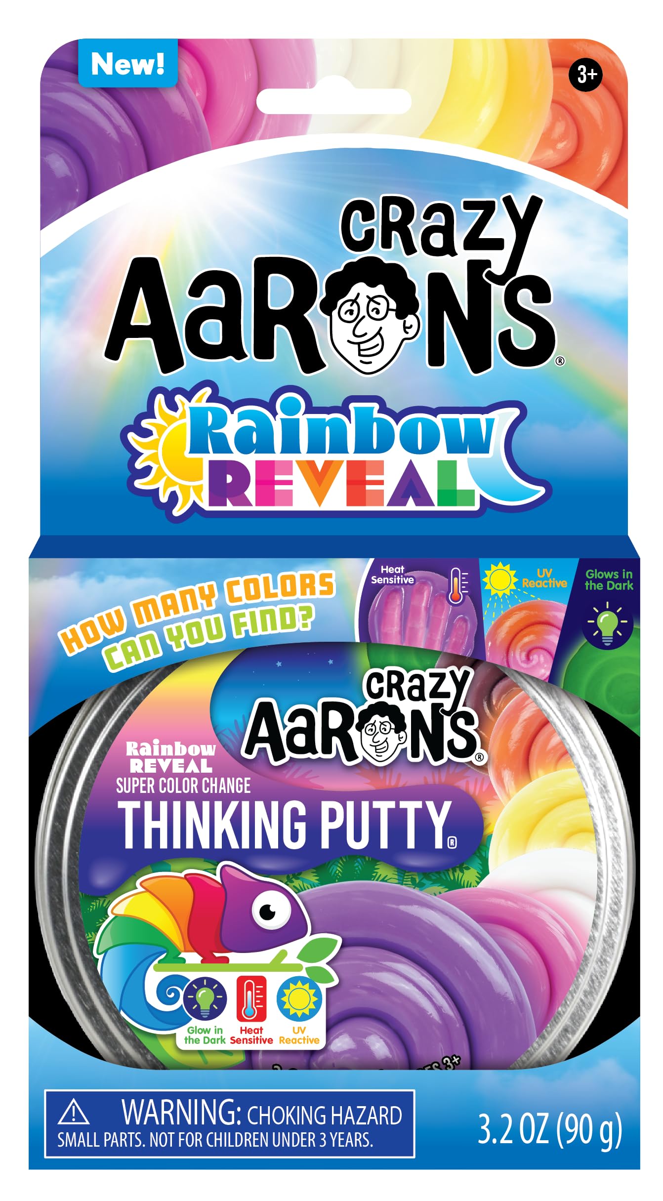 Crazy Aaron's Rainbow Reveal Thinking Putty, Heat-Sensitive, UV-Reactive, Glow-in-Dark, 90g