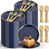 Festiva 400Pcs Navy Blue Gold Dessert Plates 6.3" with Forks 5"- 200PCS Small Disposable Dessert/Cake/Appetizer Plates and 200PCS Forks - Serve 200 Guests for Hanukkah Party&Birthday &New Year