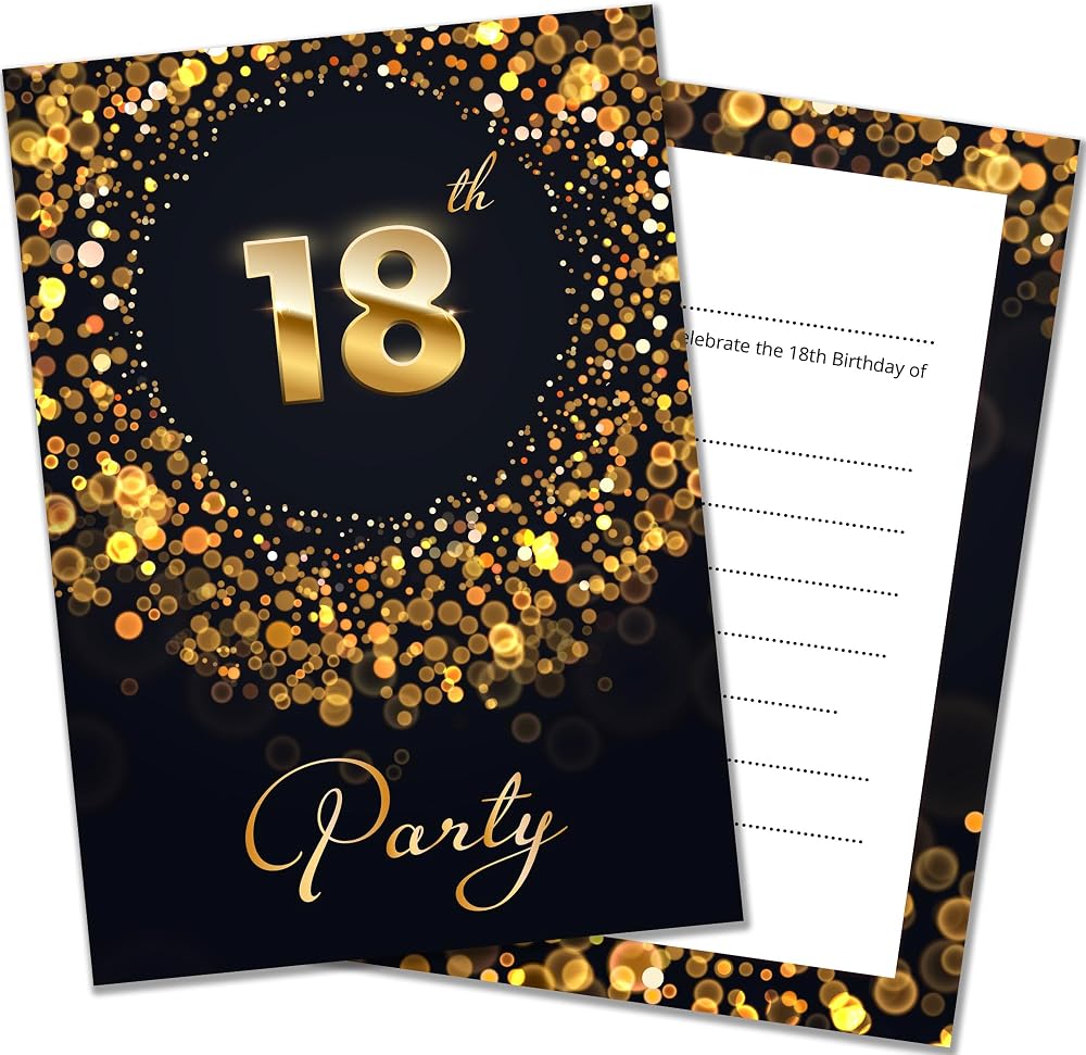 Olivia Samuel 20 Black & Gold 18th Birthday Invitations with Envelopes