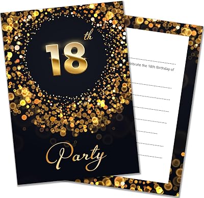 Olivia Samuel 20 Black & Gold 18th Birthday Invitations with Envelopes