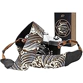 Padwa Lifestyle Camera Strap - 2" Cowhide Leather Head Cotton Camera Straps for Photographers,Vintage Japanese Art Print Adjustable Neck & Shoulder Strap for ALL DSLR/SLR Cameras(Brown Wave)