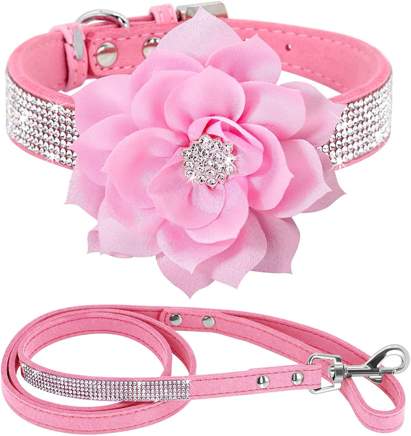haoyueer Rhinestone Dog Collar, Cute Dazzling Sparkling Soft Suede Leather Dog Cat Rhinestone Collar Leash Crystal Diamond Pet Dog Puppy Collar (L, Pink-6)