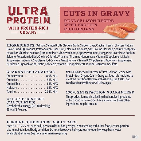 NATURAL BALANCE ULTRA PROTEIN WET CAT FOOD CUTS IN GRAVY, REAL SALMON RECIPE WITH PROTEIN-RICH ORGANS FOR CATS, ORGAN CAT FOOD WITH HIGH PROTEIN – 2.7OZ.