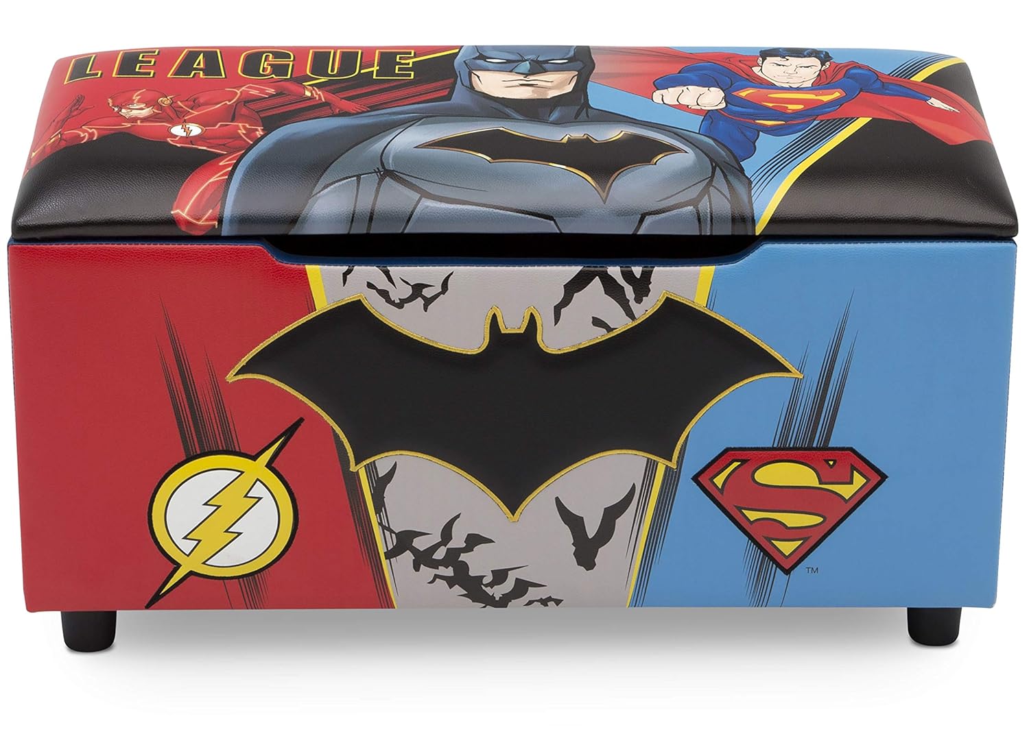 DC Comics Justice League Upholstered Storage Bench for Kids | Perfect for Bedrooms/Playrooms/Living Rooms | Features Fun Graphics of Batman, Superman, Flash