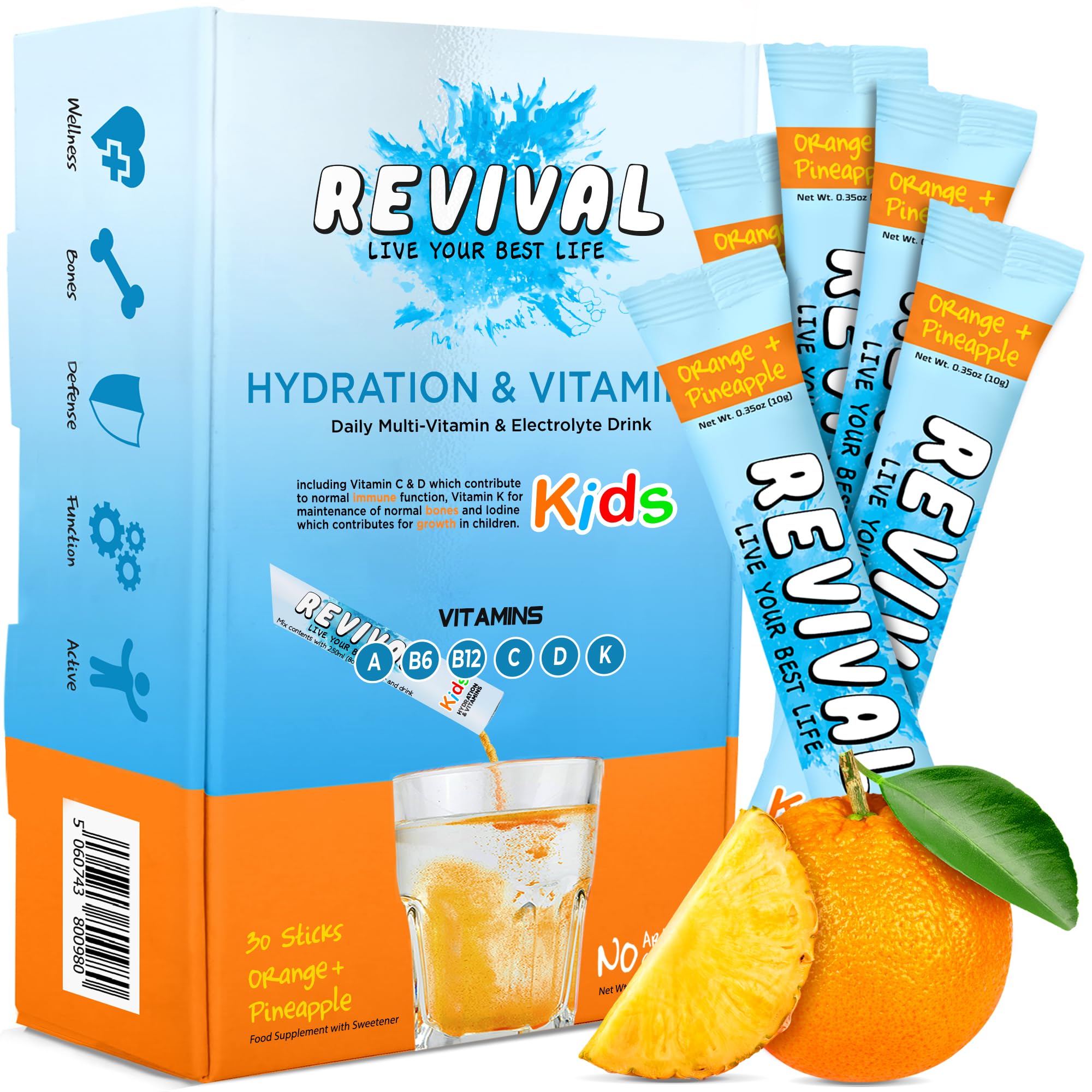 Revival Kids Hydration Vitamin Drink - Electrolyte Squash with Vitamins D, A, C, K, B6, B12 - Immunity, Growth, Development | Orange & Pineapple | 30 Pack