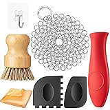 7 Pieces Cast Iron Cleaner Set Include Stainless Steel Chainmail Scrubber with Bamboo Dish Scrub Brush Hot Handle Holder 2 Pa