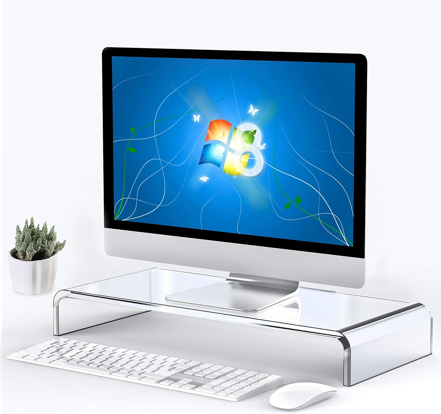 Beimu Computer Monitor Stand Riser Clear Acrylic Laptop Stand Desk Monitor Riser for iMac Stand Home Office Accessories Business Sturdy Platform PC Stand Keyboard Storage White