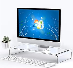 Beimu Computer Monitor Stand Riser Clear Acrylic Laptop Stand Desk Monitor Riser for iMac Stand Home Office Accessories Business Sturdy Platform PC Stand Keyboard Storage White