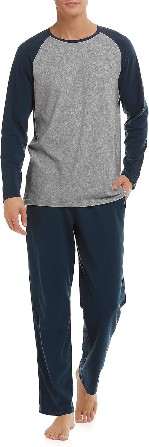 DAVID ARCHY Men's Cotton Raglan Sleepwear Long Sleeve Top & Bottom Pajama Lounge Set: Clothing