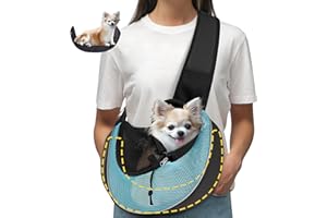 WOYYHO Up to 10 lbs Dog Sling Carrier,Cat Sling Carrier - Adjustable Strap,Hard Bottom,Breathable Mesh,Large Zip Pocket - Suitable for Puppy to Outdoor Travel (Cyan S)
