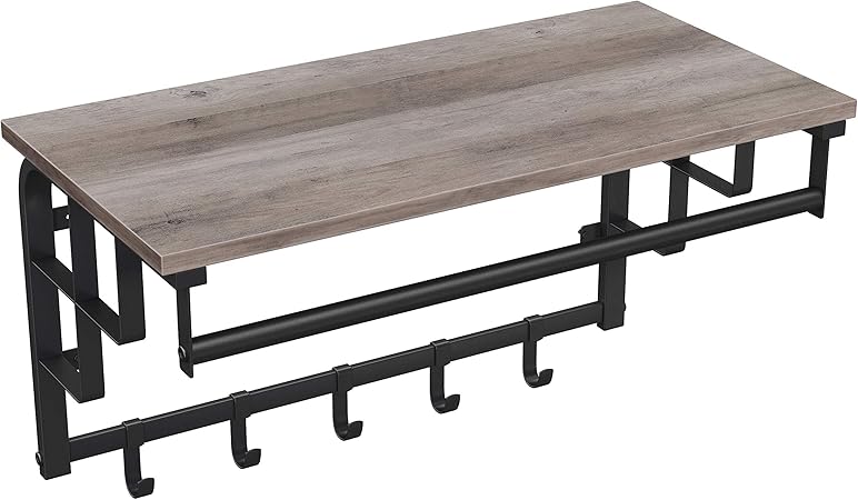 VASAGLE Wandgarderobe mit Ablage, Wandregal mit 5 abnehmbaren Haken