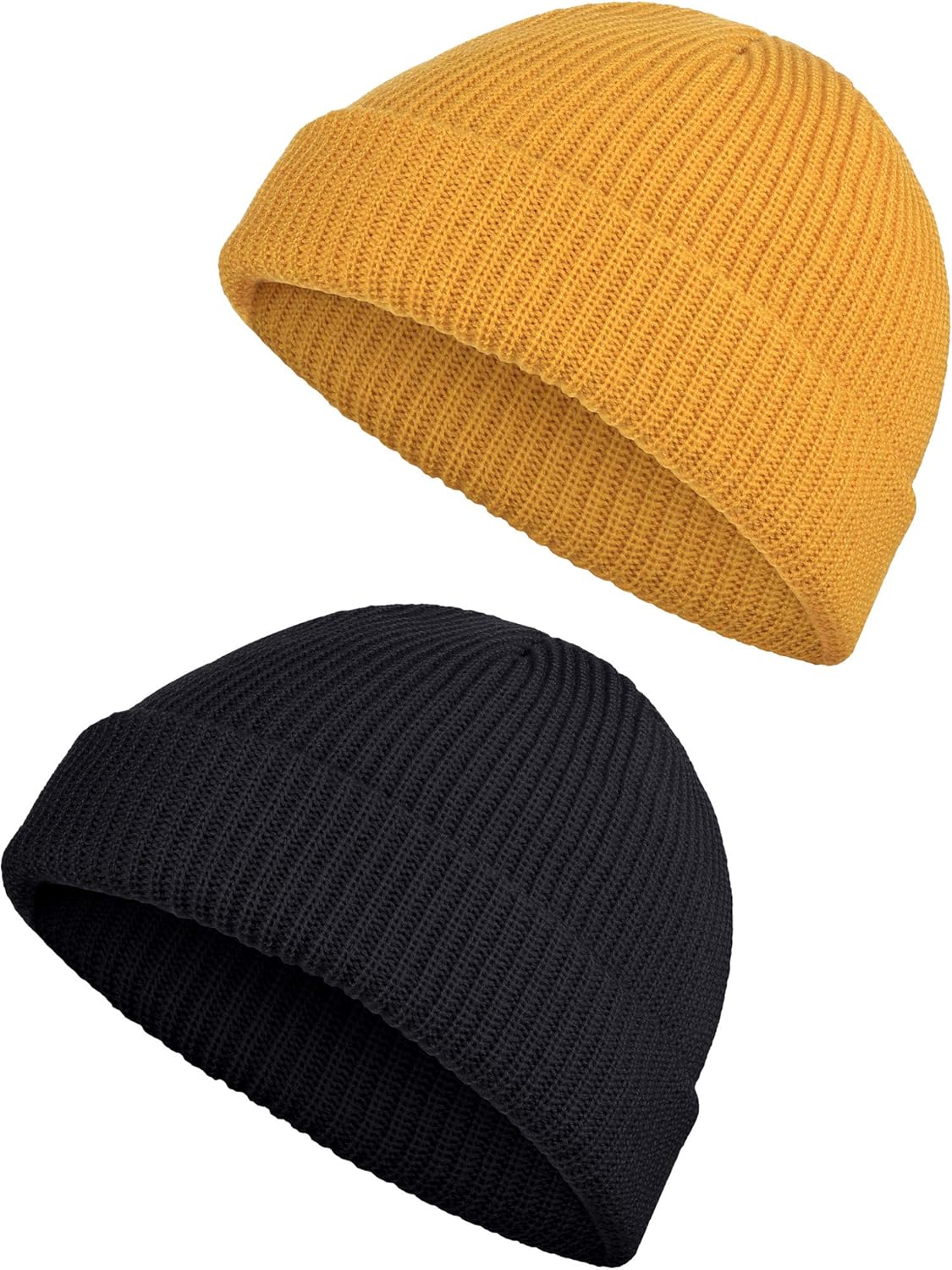 SATINIOR 2 Pieces Winter Trawler Beanie Hat Short Fisherman Skullcap Knit Cuff Beanie Cap for Men Daily Wearing (Black, Yellow) at  Men’s Clothing store