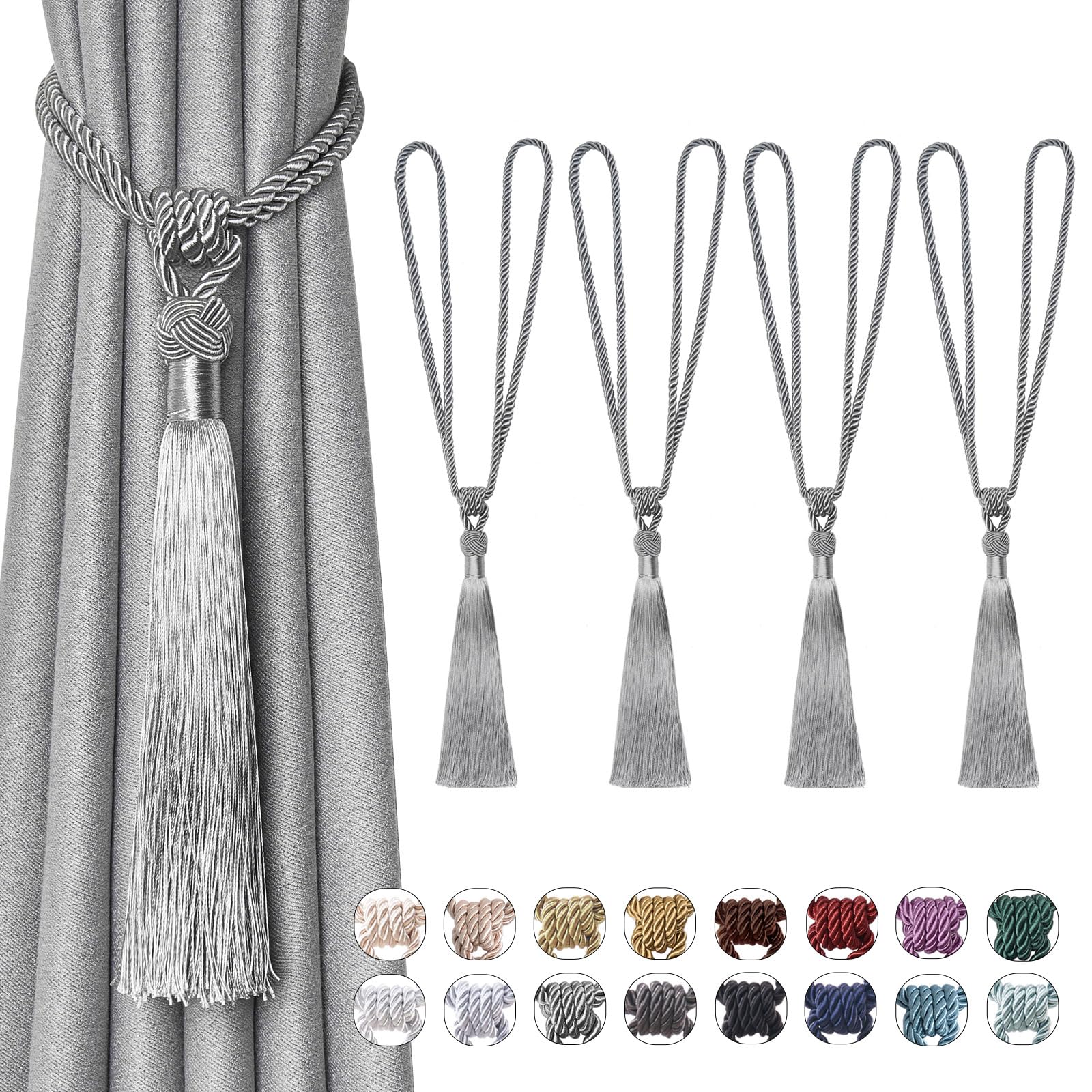 Pretty Jolly 4 Pack Long Tassel Curtain Tiebacks Handmade Braided Rope Knot Drape Tie Backs European Style Decorative Curtain Holdbacks for Home & Office Window Drapery (Grey)