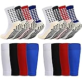 RVOKYE 2/4 Sets Youth Grip Soccer Socks with Shin Guard Sleeves Kids Sleeve Socks for Boys Girls 7-14 for Soccer Basketball