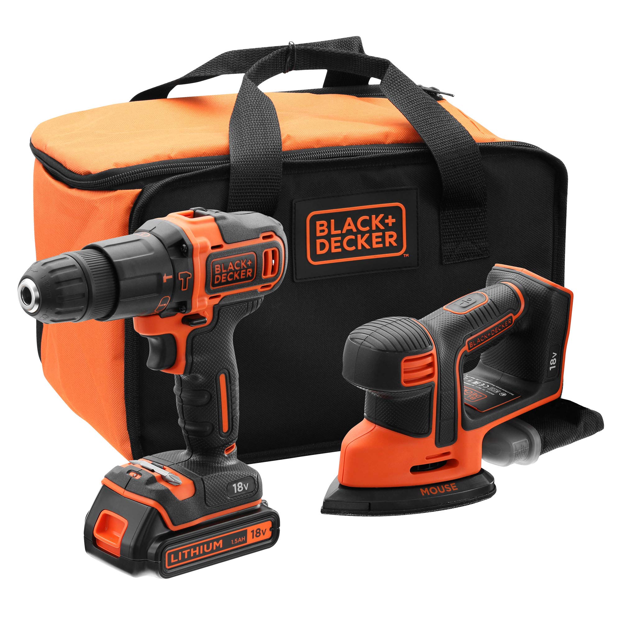 BLACK+DECKER BCK23S1S-QW Hammer Drill 18 V and Detail Sander Mouse 18 V with 1 Battery 1.5 Ah, Charger and Carry Bag