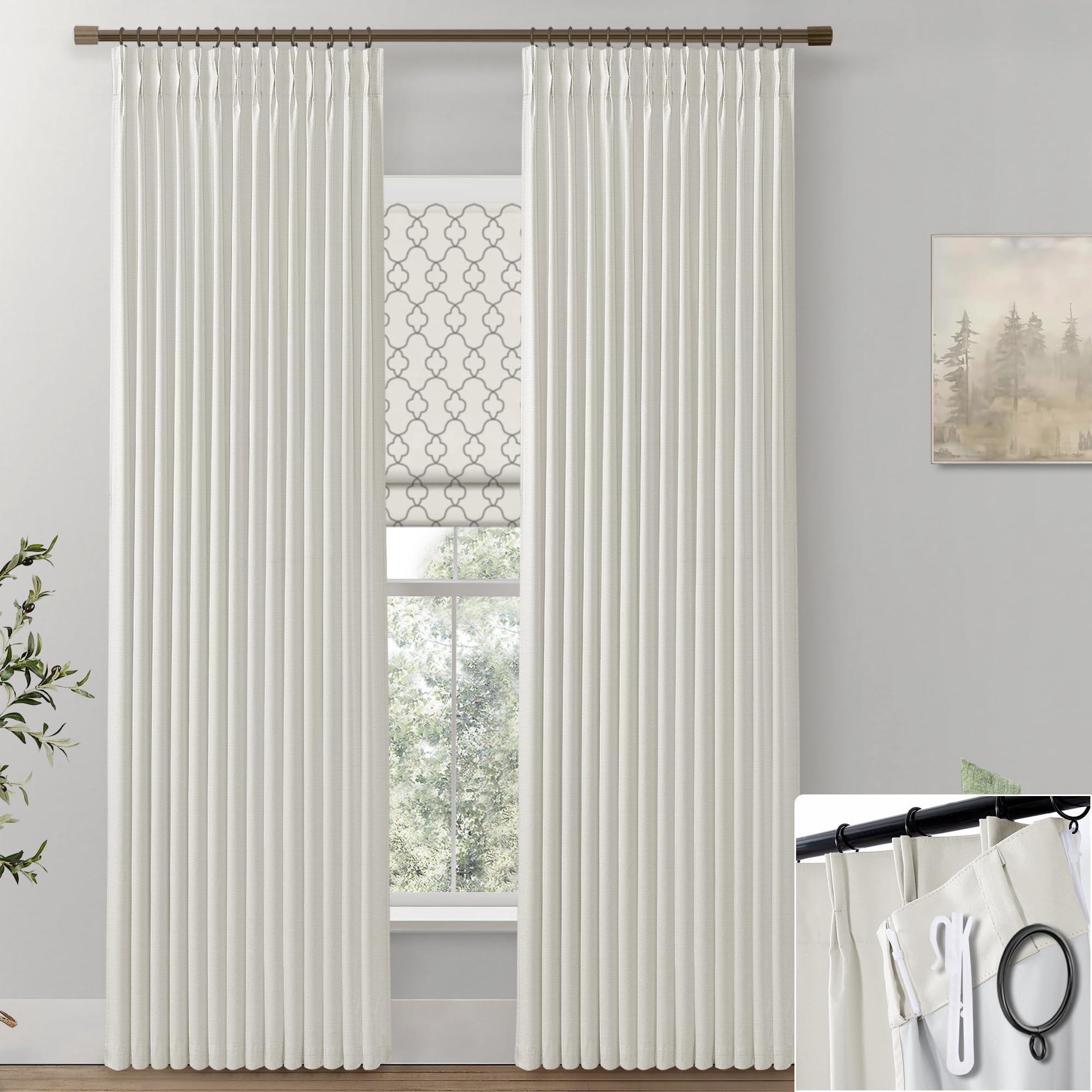 Photo 1 of SHINELAND 105 Inch Curtains Long,Blackout Pinch Pleated Adjustable Hooks Design to 104 or 106 in Linen Black Out Window Drapes for Living Room,Cream