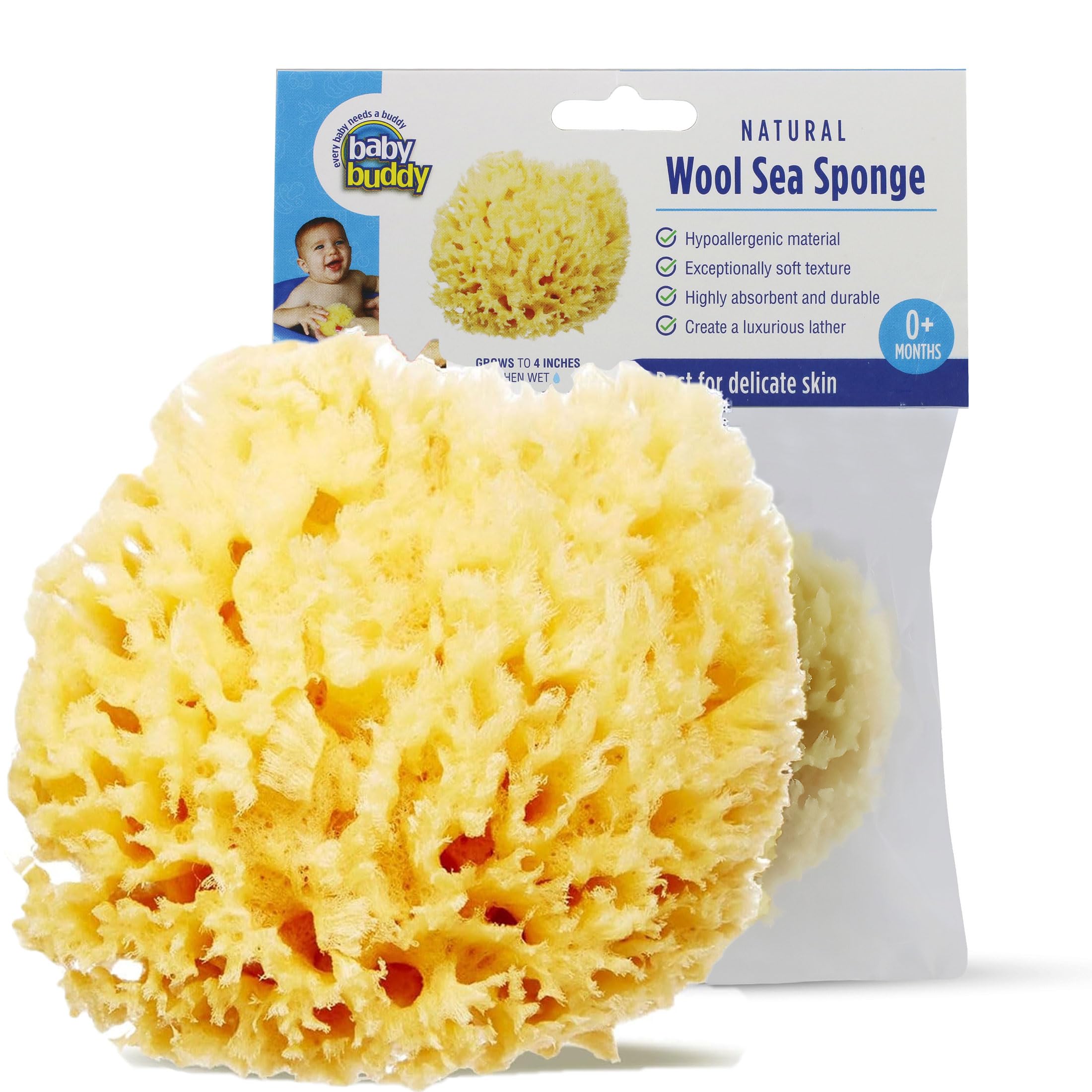 Baby Buddy Natural Baby Bath Sponge 4in Soft Sea Wool Sponge Soft on Tender Baby Skin, 1pk