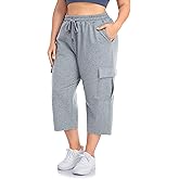 ZERDOCEAN Women's Plus Size Cargo Capri Sweatpants Active Workout Casual Sweat Crop Pants Pockets Drawstring