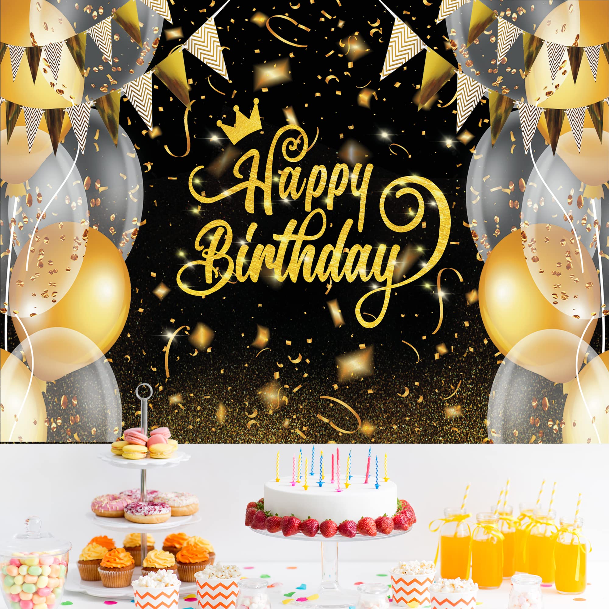 Gold Birthday Decoration Background, 71x43Inch Happy Birthday Banner, Photo Booth Banner & Sign for Party, Anniversary & Baby Shower