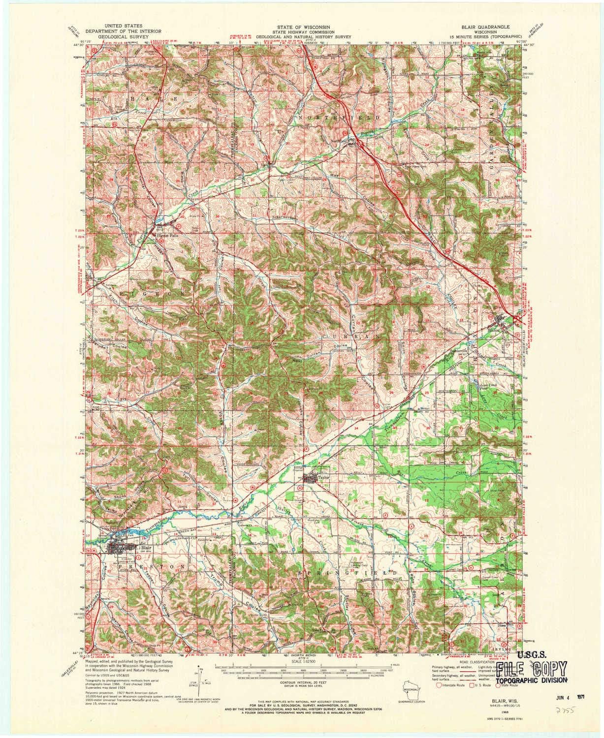YellowMaps Blair WI topo map, 1:62500 Scale, 15 X 15 Minute, Historical, 1968, Updated 1971, 21.1 x 17.3 in