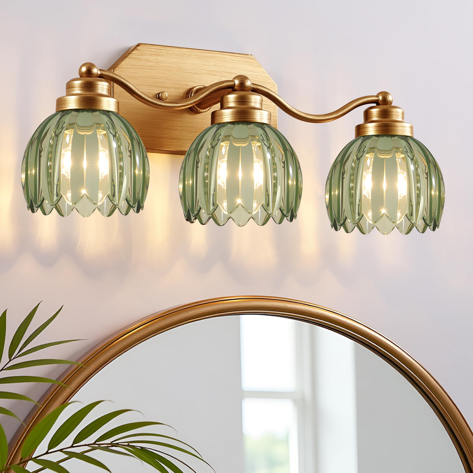 Photo 1 of VbiTmn Gold Bathroom Light Fixtures, 3 Light Vintage Vanity Lights, Antique Brass Brushed Gold Finish, Crystal Green Glass Shade, Mid Century Wall Sconces for Bedroom, Living Room, Hallway