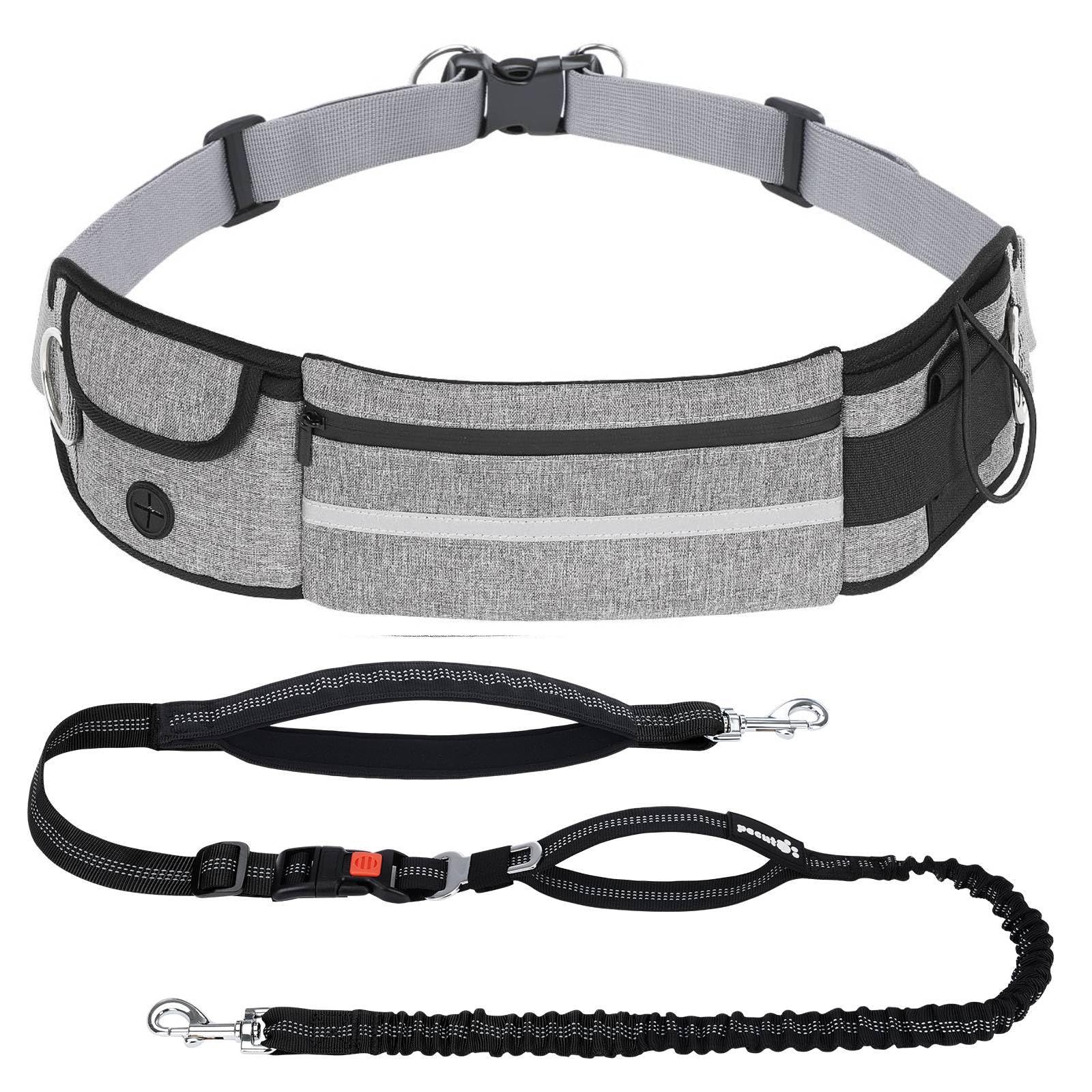 Pecute Hands-Free Dog Running Leads, Adjustable Dog Walking Belt with Pockets & Poo Bag Holder, Durable 2 Handles & Reflective Jogging Bungee Lead for Small to Medium Dogs, Grey-M