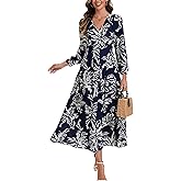 Kormei Women's Fall Maxi Dress Floral Print Boho Long Sleeve V Neck A-Line Flowy Cocktail Party Dresses