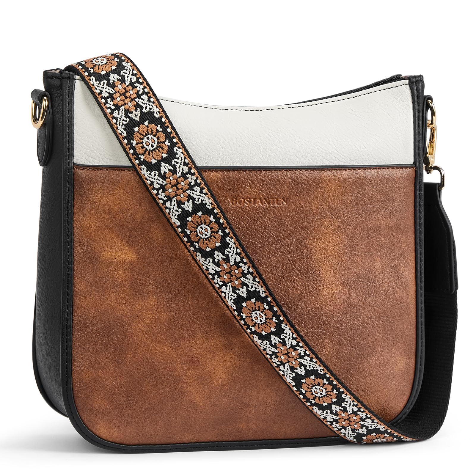 Photo 1 of BOSTANTEN Crossbody Bags for Women Trendy Vegan Leather Hobo Purses Shoulder Handbags With Wide Shoulder Strap Brown White with Black