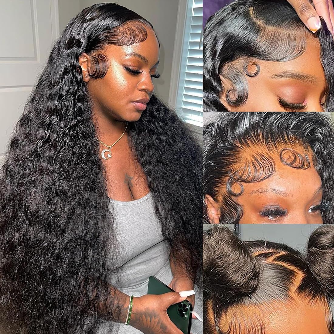 13x4 Lace Front Wigs Human Hair Pre Plucked Deep Water Wave HD Transparent Lace Front Wigs 180% Density Human Hair Wig Glueless Lace Wigs Human Hair For Black Women Natural Black 24 Inch