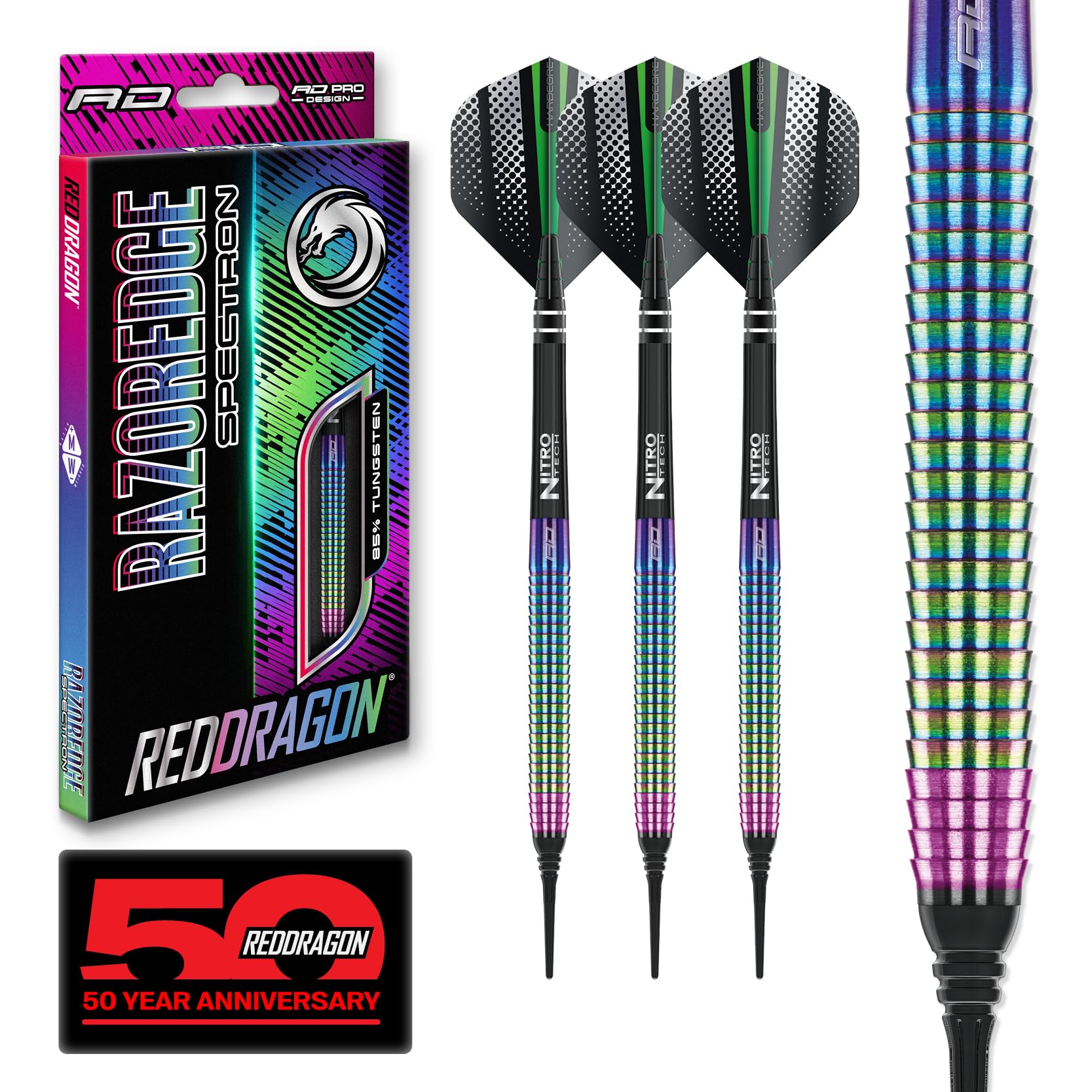 RED Dragon Razor Edge Spectron 18 Gramm Softip Tungsten Darts mit Flights und Stielen