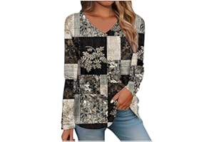 AMXYFBK Tops for Women Long Sleeve V Neck Retro Printed Loose Fit Tunic T Shirts 2024 Summer Fashion Cute Tee Blouse