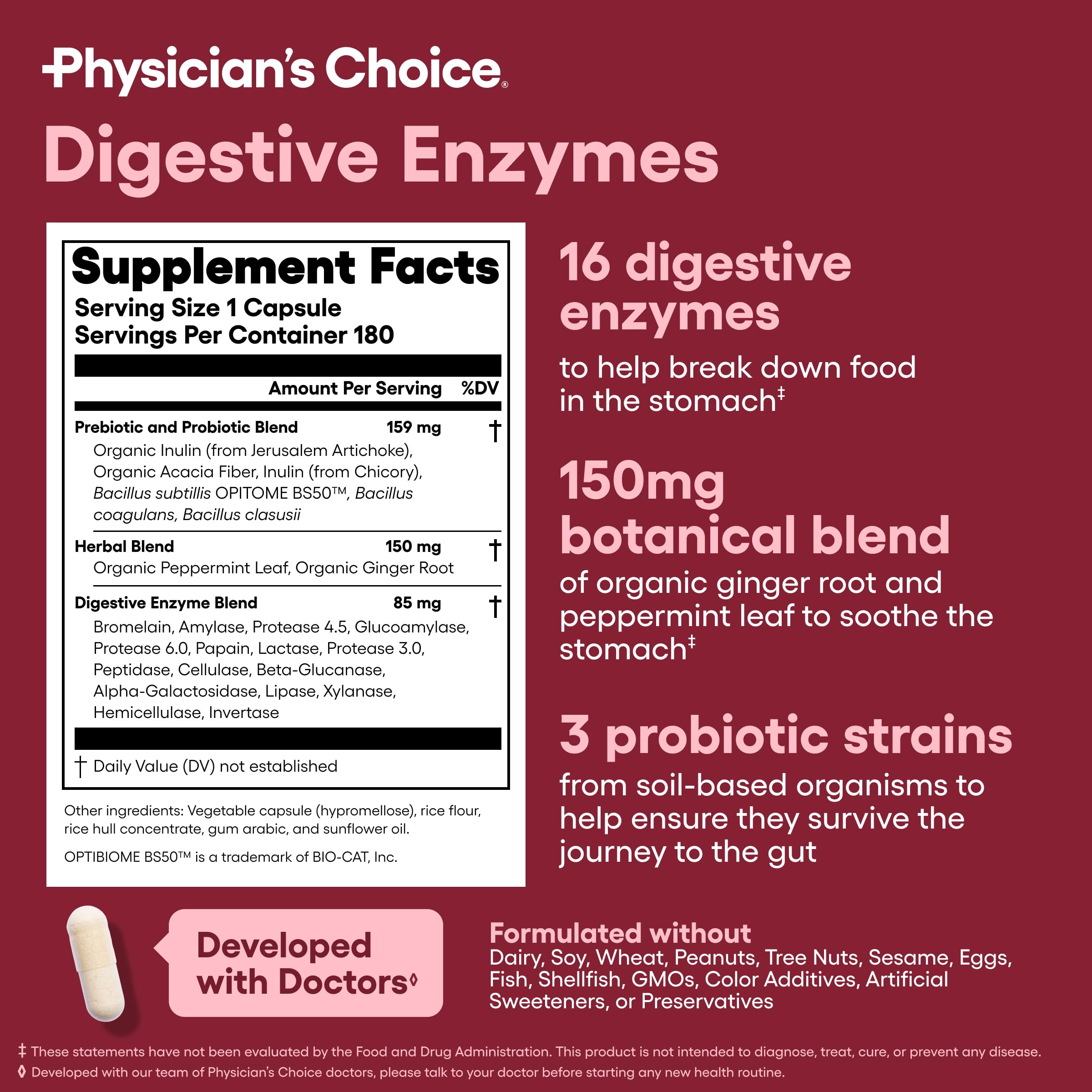 Physician's CHOICE Digestive Enzymes - Multi Enzymes, Organic Prebiotics & Probiotics for Digestive Health & Gut Health - Meal Time Discomfort Relief & Bloating - Dual Action Approach - 180 CT