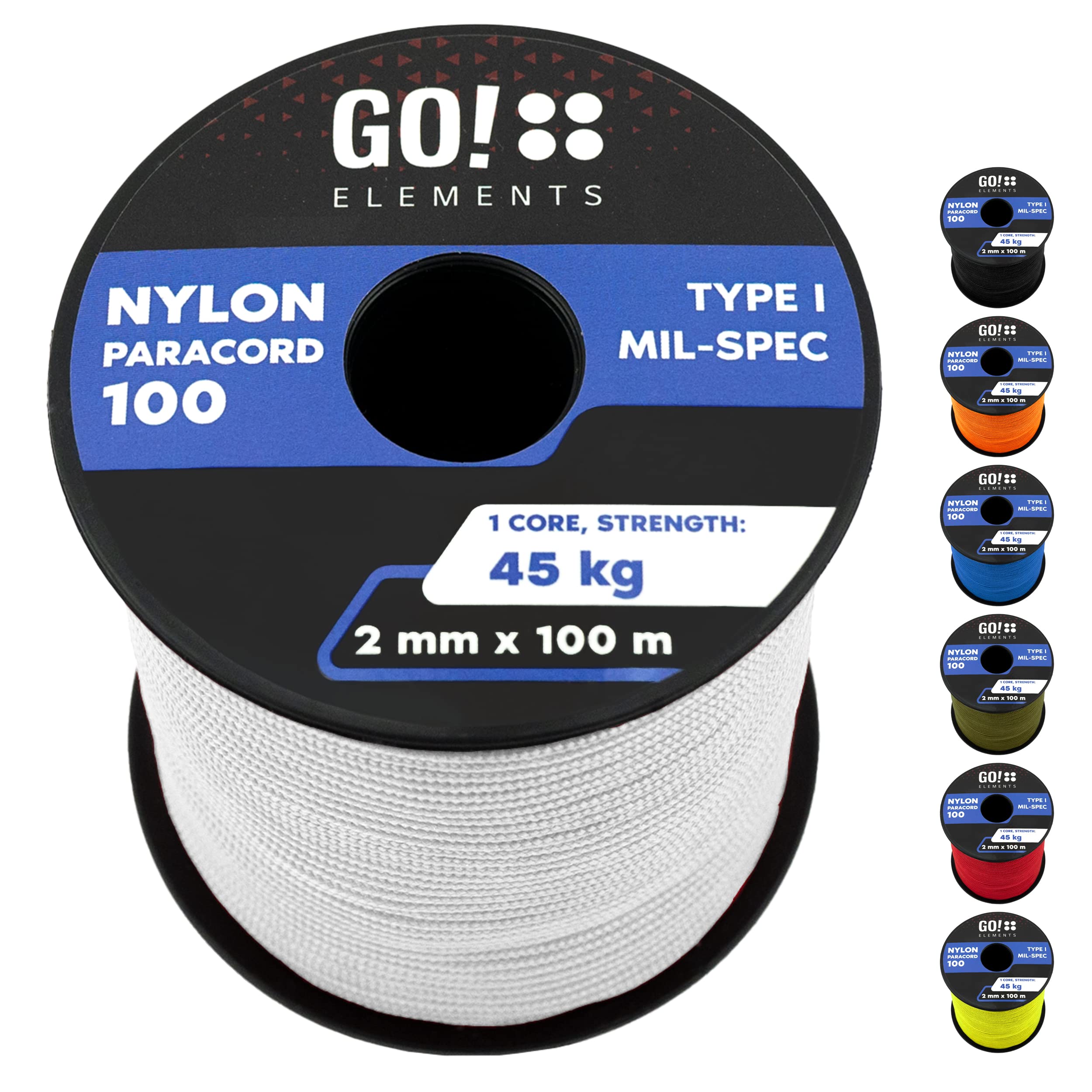 GO!elements Paracord 100 m, 2 mm, Nylon Cord - Tear-Resistant Survival Cord, White, MIL-SPEC, 45 kg