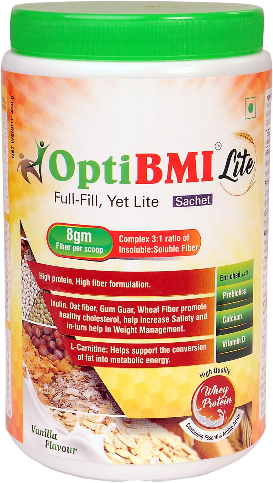 Opti BMI Lite -Meal Replacement for Weight Loss with Whey Protein, High Fiber, L-Carnitine and Essential Vitamins and Minerals-Vanilla 450 gm Jar Omni Wellness