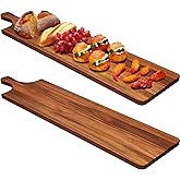 Bokon 2 Pcs Acacia Wooden Charcuterie Boards Acacia Serving Board with Handle Rectangular Wood Tray Wooden Serving Platter Natural Wood Server for Cheese Food
