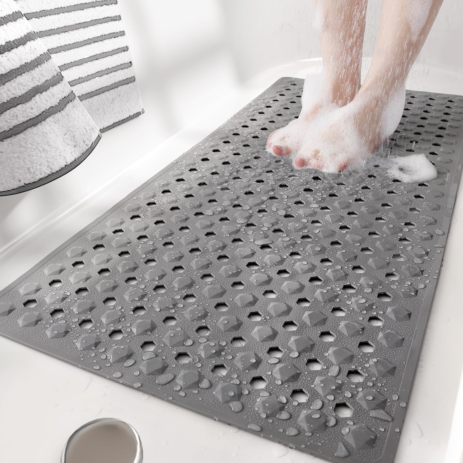 COLOR&GEOMETRY Bath Mat Non Slip Anti Mould, Long Shower Mat for Inside Bath, Bathtub Mat with Suction Cups and Drain Holes, Machine Washable, Quick Dry, Bathroom Mat for Kids, Elderly - 40x88cm, Grey