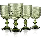 Joeyan Green Vintage Wine Goblet Glasses,Embossed Colored Stemmed Glass Cups,Hobnail Stemware Drinking Glasses,Romantic Beaded Glassware for Water Juice Cocktail,12 oz,Set of 4,Dishwasher Safe