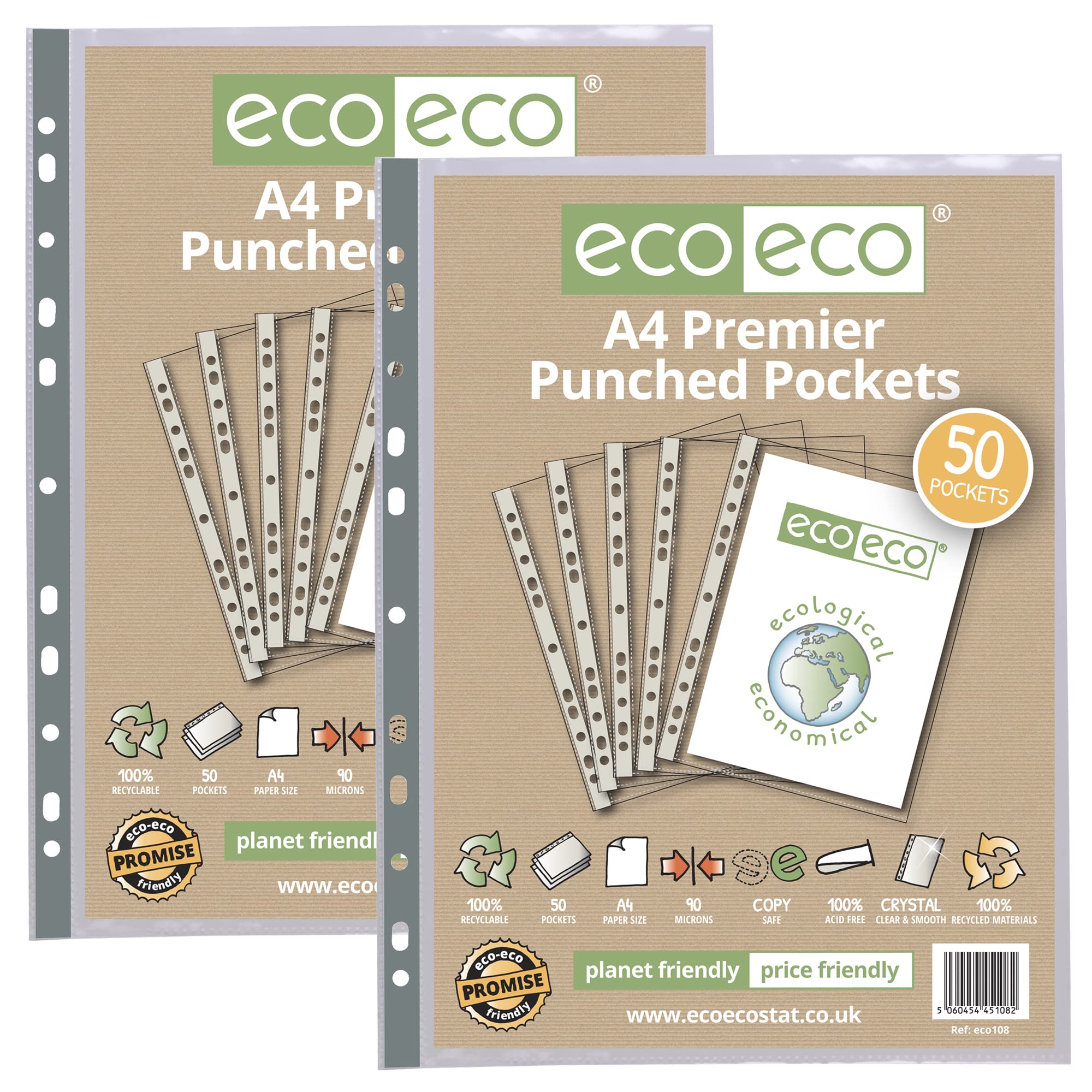 eco-eco A4 100% Recycled Premier Multi Punched Pockets Glass Clear, Transparent Poly Wallet Sheet Protector, 90 Microns, 100 Wallets (2 Packs of 50), eco108x2