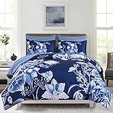 Luxudecor Floral Comforter Set King Size 7 Piece, Navy Blue Flower Bed in a Bag, Elegant Floral Comforter with Sheet Set, Soft Microfiber Bedding Set for All Season (Navy Blue, 104"x90")