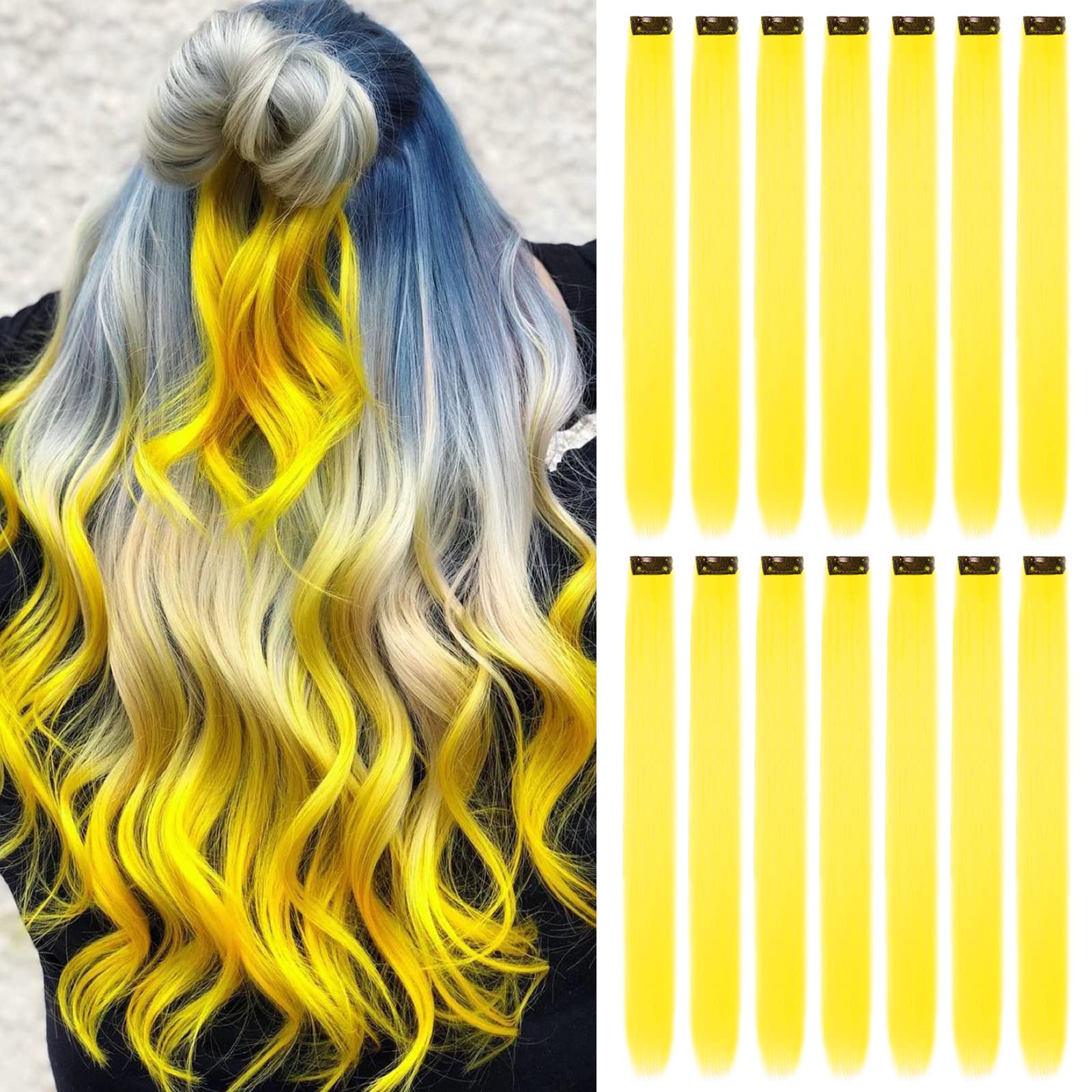 16Pcs Colored Clip in Hair Extensions, 22 Inch Colorful Highlights Hairpieces Straight & Long Heat-Resistant Synthetic Hair Accessories for Kid Girls Women Party Hair Decor (16Pcs-Yellow)
