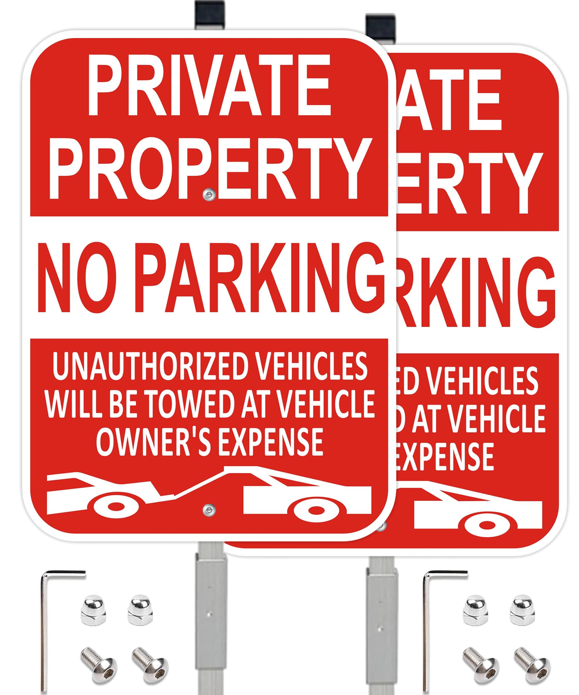 Photo 1 of (2 Pack) Large Private Property No Parking Sign with Stake 36" Tall | 14" x 10" Vehicle Towed At Owner's Expense Sign, Reflective Rust Free Aluminum, UV Protected, Fade Resistance, Easy to install