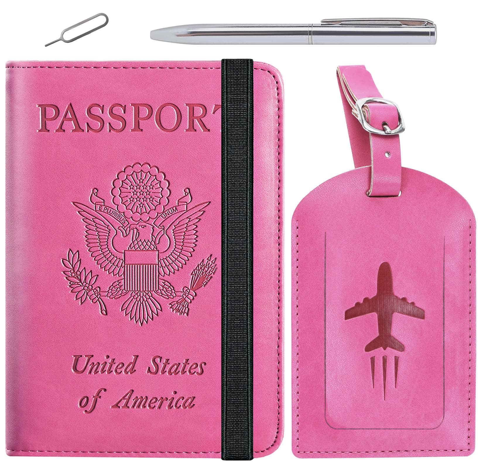 Passport Holder With Luggage Tag Travel Essentials Passport Cover Travel Wallet RFID Blocking Leather Case International Travel Must Haves Travel Accessories Women Men(115#Pink)