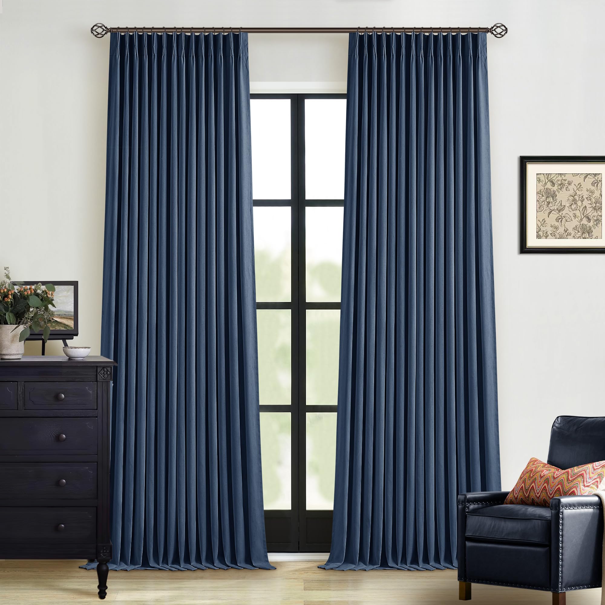 Photo 1 of Indigo Navy Pleated Linen Blackout Curtains 90 Inches Long for Bedroom Living Room Pinch Pleat Black Out Thermal Insulated Ring Hooks Back Tab Room Darkening Drapes Dark Blue Curtains with Liner