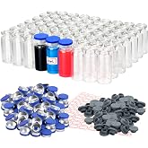 100 Pack 10ml Glass Vials Clear Glass Headspace Vial with Plastic-Aluminum Flip Caps, Rubber Stoppers and Label Papers, Small Glass Lab Vials