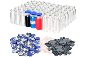 Alyoen 100 Pack 10ml Glass Vials Clear Glass Headspace Vial with Plastic-Aluminum Flip Caps, Rubber Stoppers and Label Papers, Small Glass Lab Vials