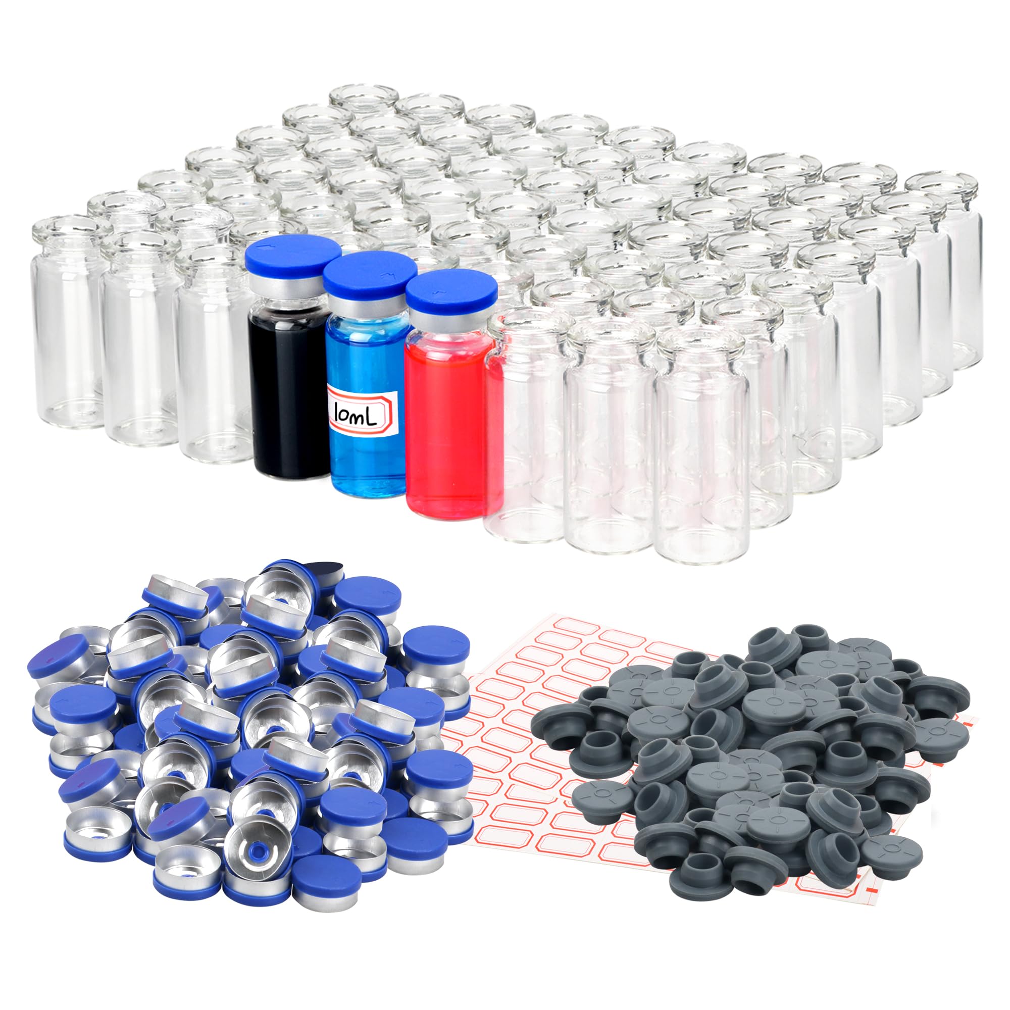 Photo 1 of 100 Pack 10ml Glass Vials Clear Glass Headspace Vial with Plastic-Aluminum Flip Caps, Rubber Stoppers and Label Papers, Small Glass Lab Vials