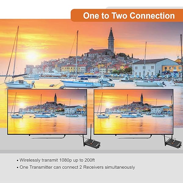 J-TECH DIGITAL 1X2 WIRELESS HDMI EXTENDER 200’ DUAL ANTENNA SUPPORTING FULL HD 1080P WITH HDMI LOOP OUTPUT OPERATION CHANNEL CHANGE IR PASSTHROUGH (RECEIVER + TRANSMITTER 1080P 200FT)