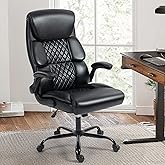 Office Chair - Ergonomic High Back Computer Desk Chair with Rocking Function & Lumbar Support - Executive Comfortable Wide Swivel Rolling Office Leather Chair with Flip-up Armrests for Home Gaming