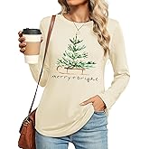 Merry Christmas Shirts for Women Christmas Long Sleeve Plaid Xmas Trees Graphic Shirt Christmas Blouse Tee Tops
